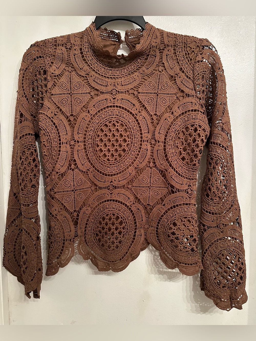 Ultra Pink Brown Crochet Lace Long-Sleeve Blouse NWT Size M